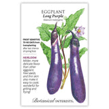 Front of an organic Botanical Interests seed packet for Long Purple Eggplant Seeds featuring heirloom description and a botanical illustration of two slender purple eggplants on the vine.