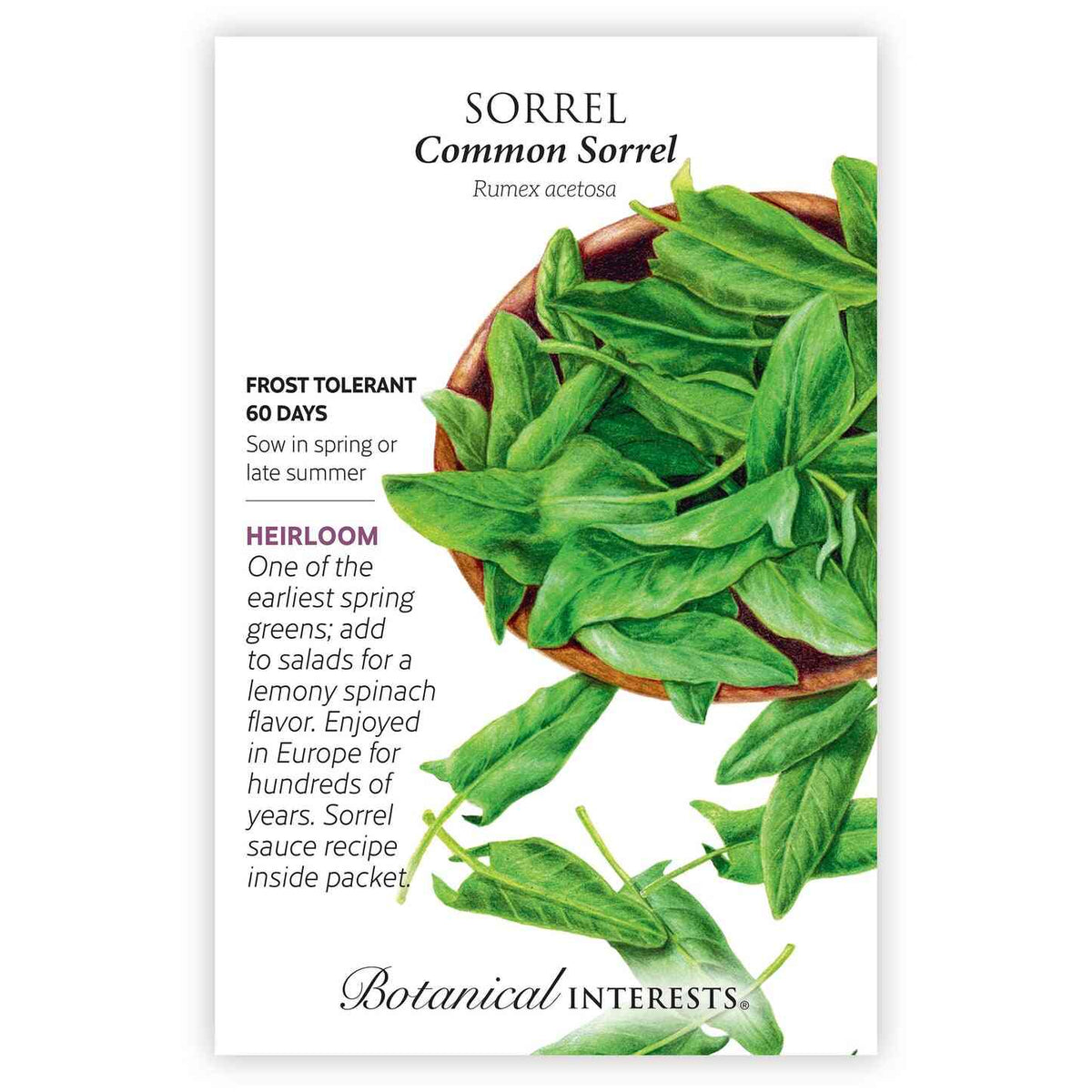 Botanical Interests seed packet for Common Sorrel (Rumex acetosa), illustrated with an arrangement of elongated, arrow-shaped green leaves spilling from a wooden bowl, with text noting it's frost tolerant, ready in 60 days, an heirloom variety, and a lemony-flavored spring green with a sorrel sauce recipe inside.