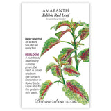 Botanical Interests seed packet for Edible Red Leaf Amaranth, illustrated with green leaves splashed with red-purple veining, noting it's frost sensitive, matures in 49-63 days, and describing it as a heirloom heat-loving green for salads, steaming, or ornamental use.