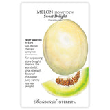 Seed packet for Sweet Delight Honeydew Melon showing an illustrated whole pale yellow melon and a cut wedge revealing green flesh with seeds, with text noting frost sensitivity, a 90-day growing period, and a description praising its sweet, juicy, vine-ripened flavor.