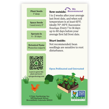 Back of an Epic Gardening Cantare Bush Bean seed packet showing planting instructions, sowing guidelines, a QR code, and a garden bed illustration on a plain white background.