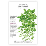Seed packet for New Zealand Spinach featuring a detailed botanical illustration of sprawling, triangular green leaves on branching stems, with printed text noting it's frost sensitive, takes 50-60 days, and is a heat-tolerant heirloom discovered in 1770.