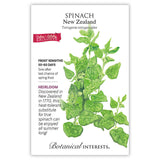 Seed packet for Spinach New Zealand with botanical illustration and information on a white background