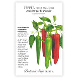 Seed packet for NuMex Joe E. Parker Chile Anaheim pepper, illustrated with clusters of long, tapered green and red peppers on a leafy stem, plus text noting frost sensitivity, 75 days to maturity, and use for stuffing, roasting, or dried wreaths and ristras.