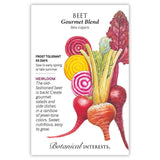 Front of an organic Botanical Interests seed packet for Gourmet Blend Beet Seeds displaying heirloom description and a botanical illustration of sliced and whole beets in red, yellow, and striped pink-and-white colors.