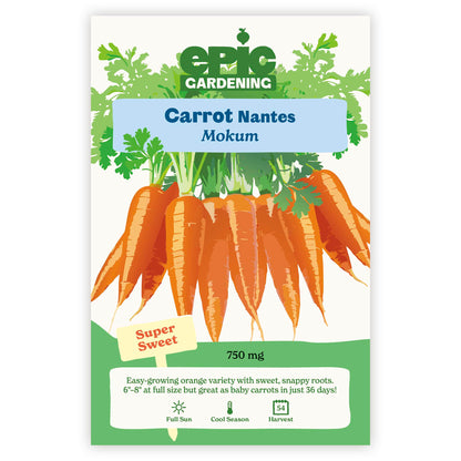 An Epic Gardening Mokum Carrot seed packet featuring an illustration of bright orange carrots, a "Super Sweet" callout, and 750 mg seed weight on a plain white background.