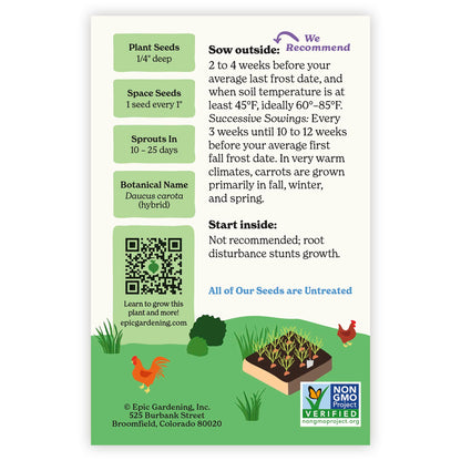 Back of an Epic Gardening Mokum Carrot seed packet showing planting instructions, sowing guidelines, a QR code, and a garden bed illustration on a plain white background.