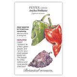 Seed packet for Ancho/Poblano Chile Pepper featuring illustrations of a glossy green poblano, a red ripened pod, and a wrinkled dried ancho pepper, with text noting it's frost sensitive, an heirloom variety, mildly hot, and takes 65–75 days from transplanting.