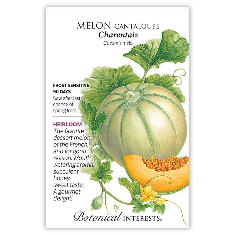 Seed packet for Charentais Cantaloupe Melon featuring an illustration of a round, pale green ribbed melon with vines and yellow blossoms, sliced open to show orange flesh, alongside text noting it's frost sensitive, matures in 90 days, and is a heirloom variety prized for its sweet, aromatic flavor.
