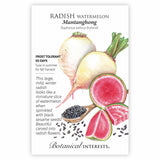 Seed packet illustration for Mantanghong Watermelon Radish showing whole pale green-white radishes with leafy tops beside sliced rounds and wedges revealing hot pink flesh with a green rind, plus a spoonful of black sesame seeds scattered nearby, with text noting frost tolerance, 65-day maturity, and fall harvest sowing instructions.