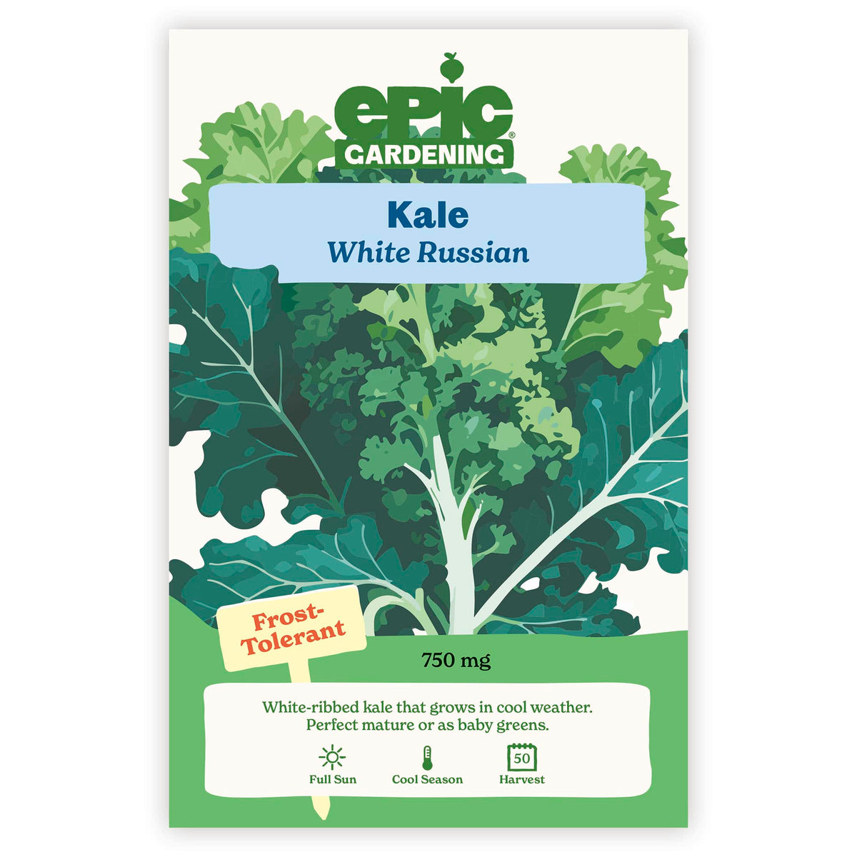 An Epic Gardening White Russian Kale seed packet featuring an illustration of white-stemmed kale leaves, a "Frost-Tolerant" callout, and 750 mg seed weight on a plain white background.