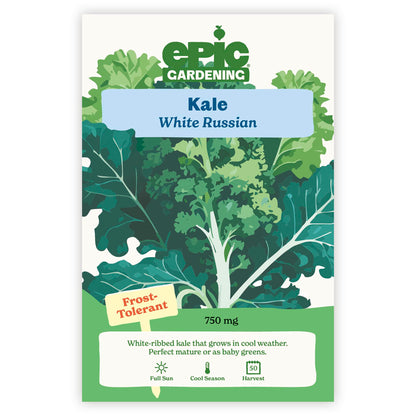 An Epic Gardening White Russian Kale seed packet featuring an illustration of white-stemmed kale leaves, a "Frost-Tolerant" callout, and 750 mg seed weight on a plain white background.