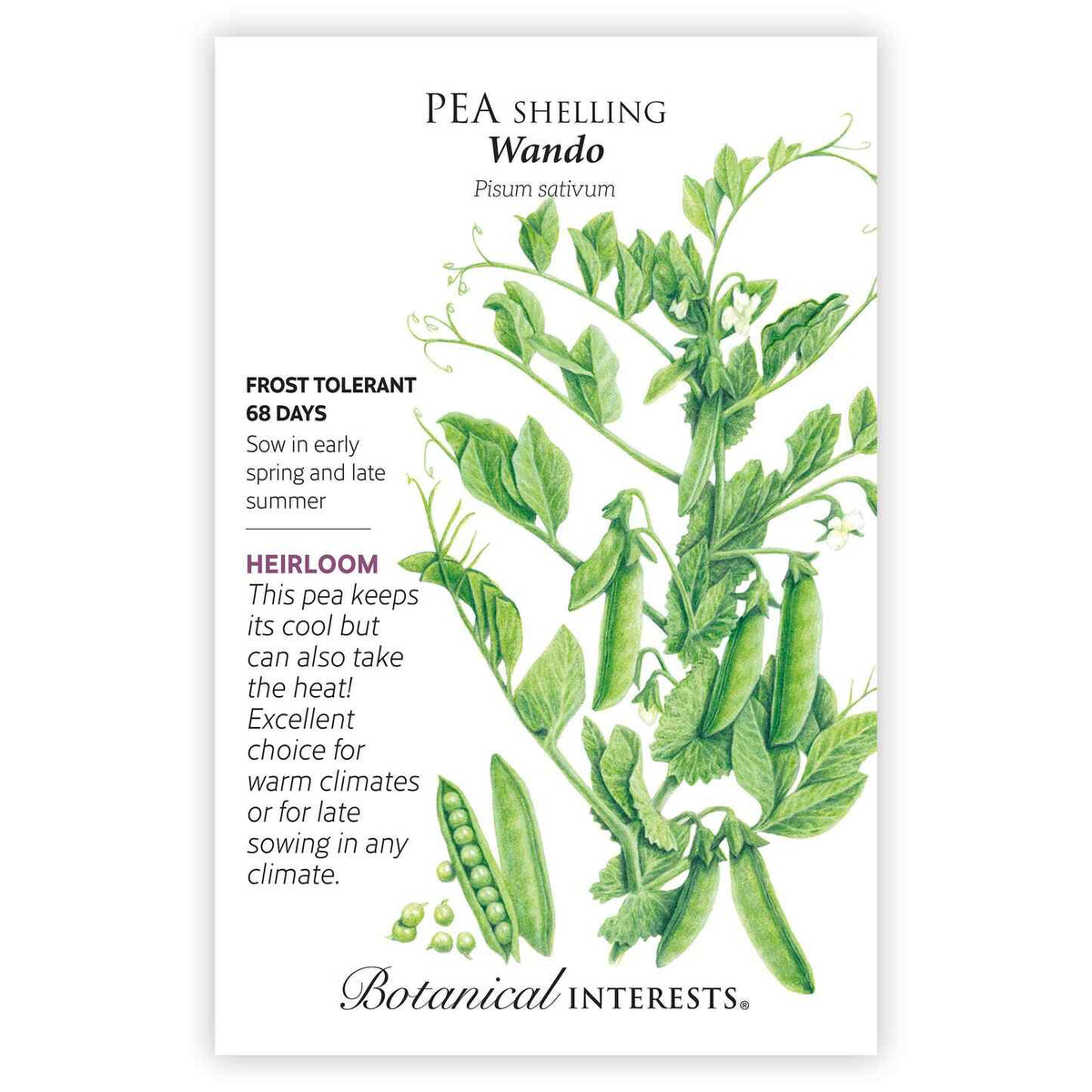 Seed packet for Wando Shelling Pea featuring a detailed botanical illustration of a vining plant with white flowers, plump pods, and shelled green peas, alongside text noting it's frost tolerant, matures in 68 days, and is an heirloom suited to warm climates or late sowing.