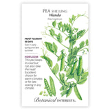Seed packet for Wando Shelling Pea featuring a detailed botanical illustration of a vining plant with white flowers, plump pods, and shelled green peas, alongside text noting it's frost tolerant, matures in 68 days, and is an heirloom suited to warm climates or late sowing.