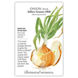 Seed packet for Yellow Granex PRR bulb onion, illustrated with a golden onion bulb, cut half, and leafy green stalks, with text noting it's a short-day variety used to grow Vidalia onions, sown in late summer or fall, 110-160 days to harvest.