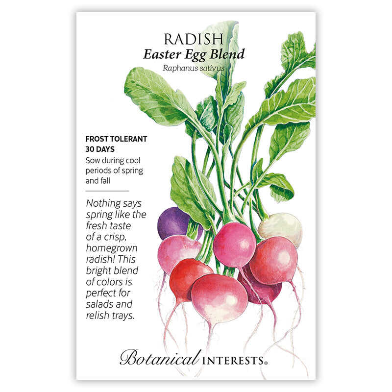 Back of a seed packet for Easter Egg Blend Radish Seeds featuring plant information, sowing instructions, a variety description, and a line drawing of a radish seedling.