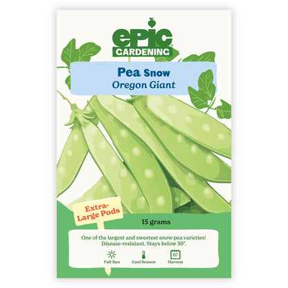 An Epic Gardening Oregon Giant Snow Pea seed packet featuring an illustration of large snow pea pods, an "Extra-Large Pods" callout, and 15 grams seed weight on a plain white background.