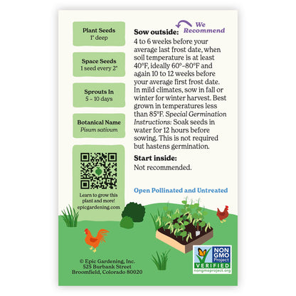 Back of an Epic Gardening Oregon Giant Snow Pea seed packet showing planting instructions, sowing guidelines, a QR code, and a garden bed illustration on a plain white background.