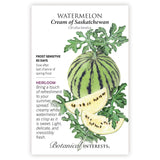 Cream of Saskatchewan Watermelon seed packet with botanical information and the illustration of the fruit