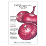 Seed packet for Flat of Italy Cipollini onion, featuring a watercolor illustration of three flattened, deep red-purple bulbs with one showing its dried stem, alongside text noting it's an heirloom, intermediate day variety maturing in 70 days.