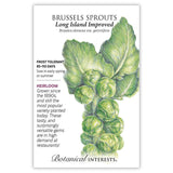 Seed packet for Long Island Improved Brussels Sprouts featuring a detailed illustration of a leafy stalk lined with round green sprouts, alongside text noting frost tolerance, an 85–110 day maturity, and heirloom history dating to the 1890s.