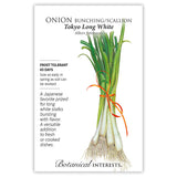 Seed packet for Tokyo Long White bunching onion, illustrated with a bundle of long white-stalked scallions tied with orange ribbon, plus text noting it's frost tolerant, ready in 65 days, and prized for its flavorful white stalks in Japanese cuisine.
