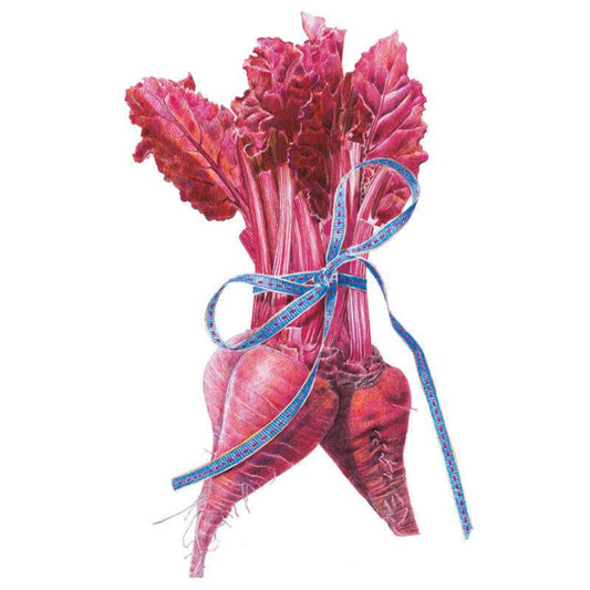 Botanical illustration of Bull's Blood beet, showing a bundle of deep crimson roots with dark red, ruffled leaves and pale pink stems, tied together with a patterned blue ribbon.