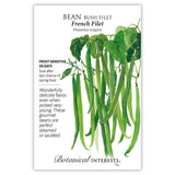 Seed packet for Bean Bush Filet French Filet with green beans illustration and botanical information