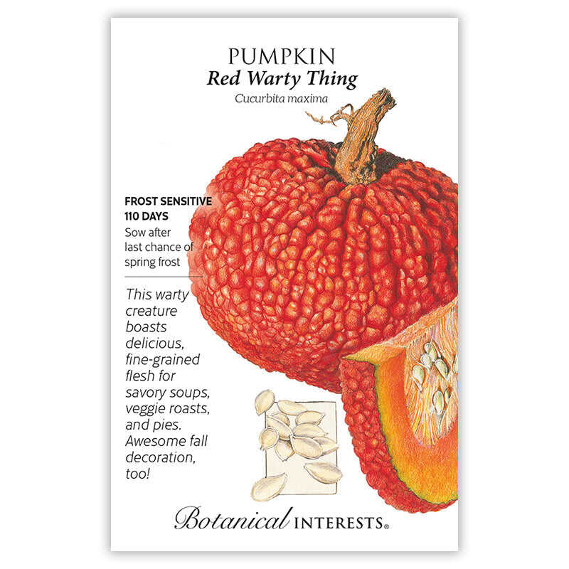 Seed packet for Red Warty Thing Pumpkin illustrating a bumpy, deep red squash with a wedge cut to show orange flesh and seeds, alongside text noting it is frost sensitive, matures in 110 days, and suits soups, roasts, pies, and fall decoration.