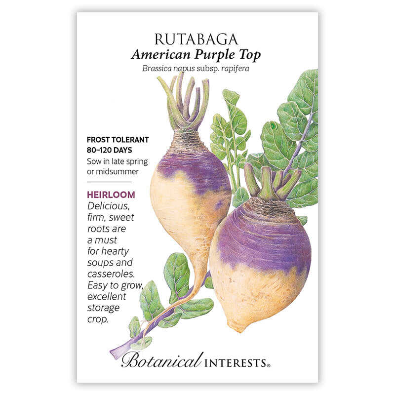 Botanical Interests seed packet for American Purple Top Rutabaga, illustrated with two round roots showing cream and purple skin, leafy green tops, and text noting frost tolerance, 80-120 days to maturity, and heirloom status.