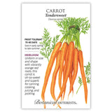 Seed packet for Tendersweet heirloom carrots featuring an illustration of a bundled bunch of long, tapered orange-red carrots with leafy green tops, alongside text noting it's frost tolerant, matures in 70-80 days, and suited for canning, cooking, juicing, and pickling.