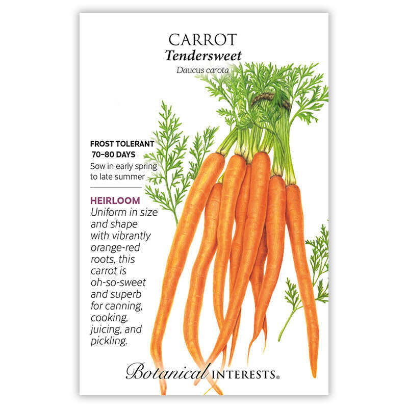 Seed packet for Tendersweet heirloom carrots featuring an illustration of a bundled bunch of long, tapered orange-red carrots with leafy green tops, alongside text noting it's frost tolerant, matures in 70-80 days, and suited for canning, cooking, juicing, and pickling.