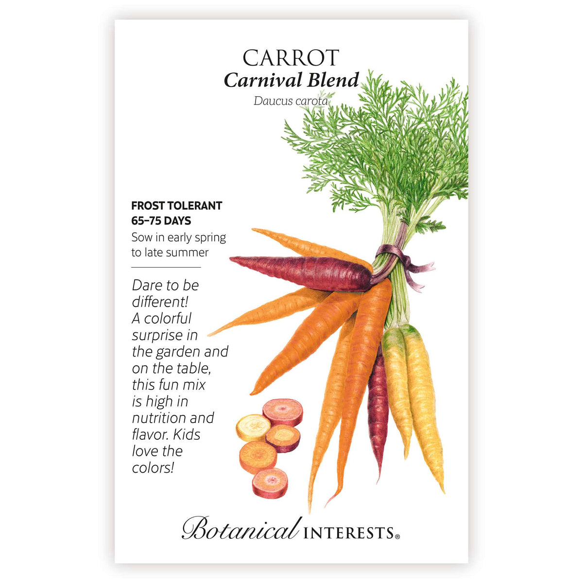 Seed packet for Carnival Blend Carrot featuring an illustration of a bunched bundle of purple, orange, and yellow carrots with feathery green tops and sliced cross-sections, alongside text noting frost tolerance and a 65-75 day growing period.