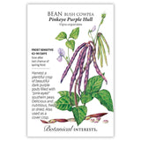 Seed packet for Pinkeye Purple Hull Bush Cowpea Bean featuring a botanical illustration of dark purple pods, green trifoliate leaves, and lavender flowers on the vine, with split pods showing cream and pink speckled peas below; text notes frost sensitivity, a 62–90 day maturity, and describes the crop as good fresh, dried, or as a cover crop.