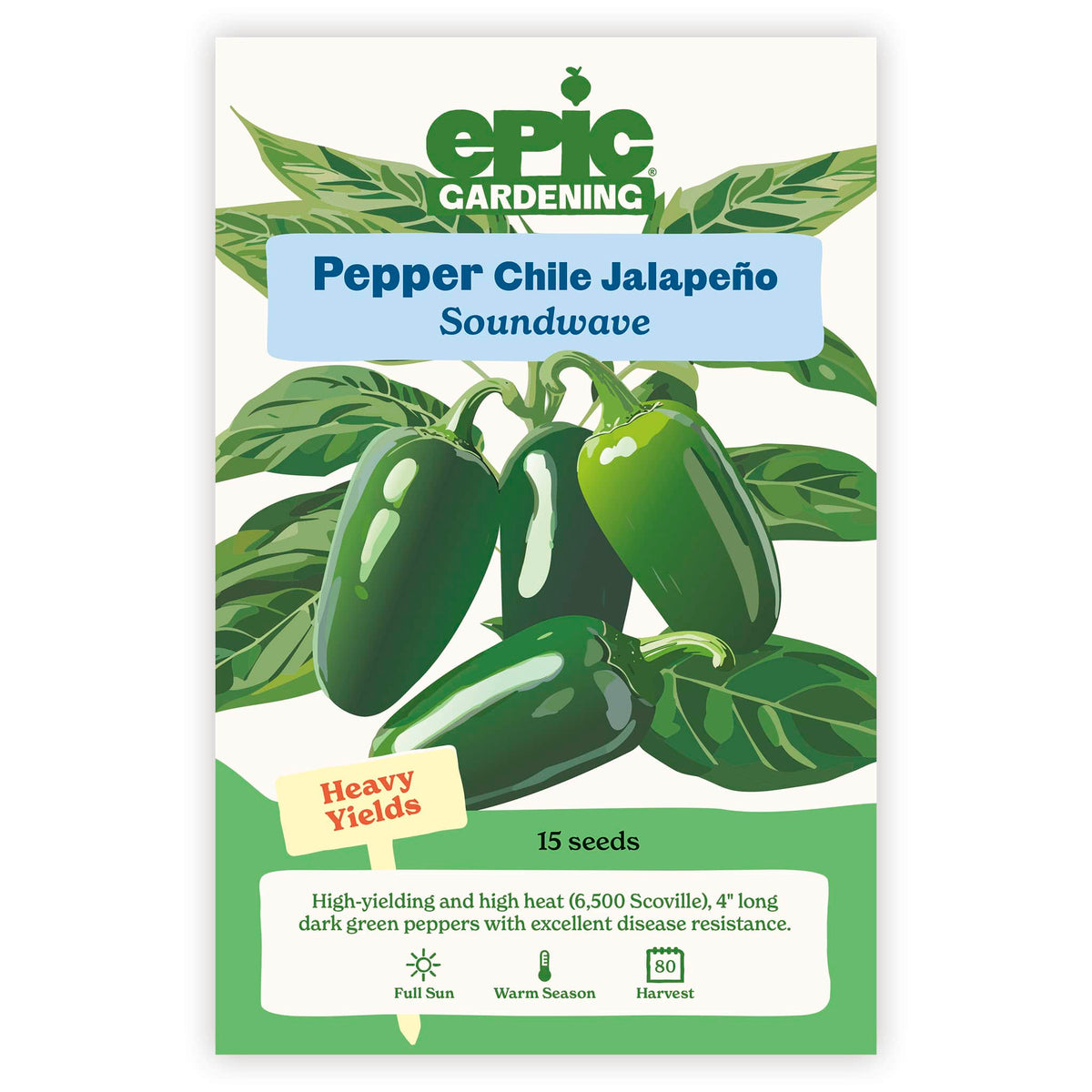 An Epic Gardening Soundwave Jalapeño Chile Pepper seed packet featuring an illustration of glossy green jalapeños, a "High-Yielding" callout, and 250 mg seed weight on a plain white background.