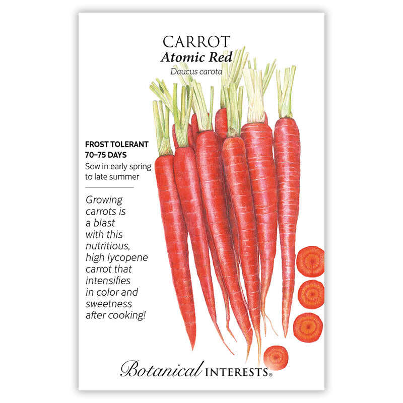 Botanical Interests seed packet for Atomic Red Carrot showing an illustration of bright red, tapered carrots with green tops and round cross-section slices, alongside text noting frost tolerance, a 70–75 day maturity, and sowing from early spring to late summer.