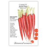 Botanical Interests seed packet for Atomic Red Carrot showing an illustration of bright red, tapered carrots with green tops and round cross-section slices, alongside text noting frost tolerance, a 70–75 day maturity, and sowing from early spring to late summer.