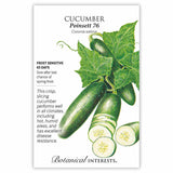 Seed packet for Cucumber Poinsett 76 with illustrations and botanical information on a white background