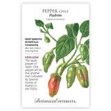 Seed packet for Padrón pepper chile with growing information.