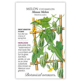 Seed packet for Melon Cucamelon Mouse Melon with botanical illustration and growing information.