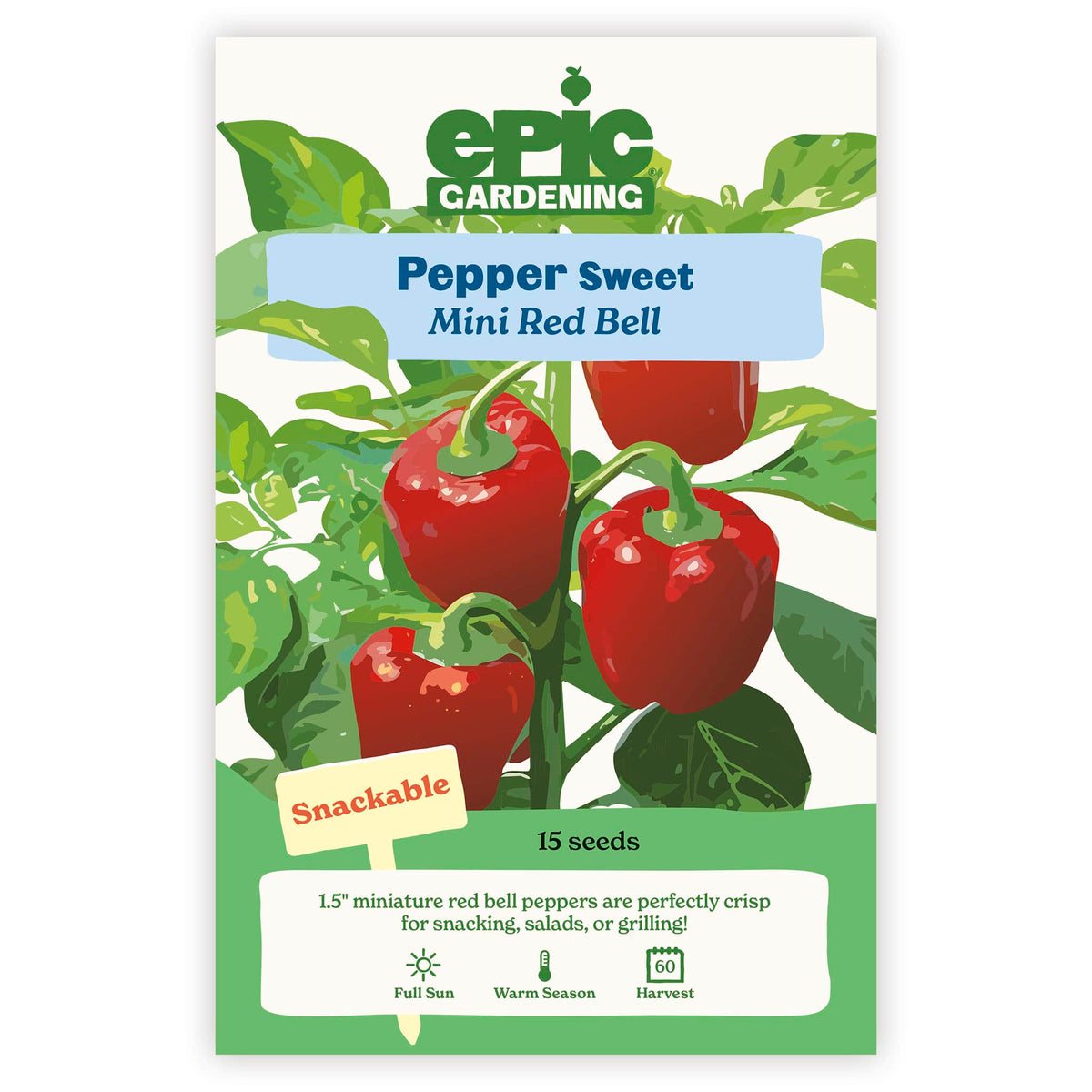 An Epic Gardening Mini Red Bell Sweet Pepper seed packet featuring an illustration of red mini bell peppers on a leafy plant, a "Snackable" callout, and 15 seeds count on a plain white background.