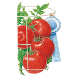 Illustration of glossy red round tomatoes clustered on a vine within a wire support cage, with a blue first-place rosette ribbon hanging beside them.
