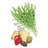 Botanical illustration of wild rocket showing deeply lobed serrated leaves and small pale purple-veined flowers, arranged with a slice of bread, red and black olives, and a green tomato below.