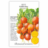 Botanical Interests seed packet for Golden Boy Beet, illustrated with round orange-skinned beets bunched with leafy green tops and a cross-section showing golden-yellow flesh, alongside text noting frost tolerance, a 65–70 day harvest, and growing tips.
