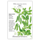 Botanical Interests seed packet for Iona Shelling Petite Pea, illustrated with a vine bearing tendrils, leaves, and clusters of small green pods, some split open to show peas, with text noting frost tolerance, a 68-day maturity, and disease resistance.