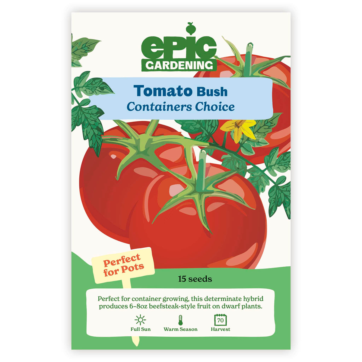 An Epic Gardening Containers Choice Red Bush Tomato seed packet featuring an illustration of ripe red tomatoes on a stem, a "Container-Friendly" callout, and seed count on a plain white background.