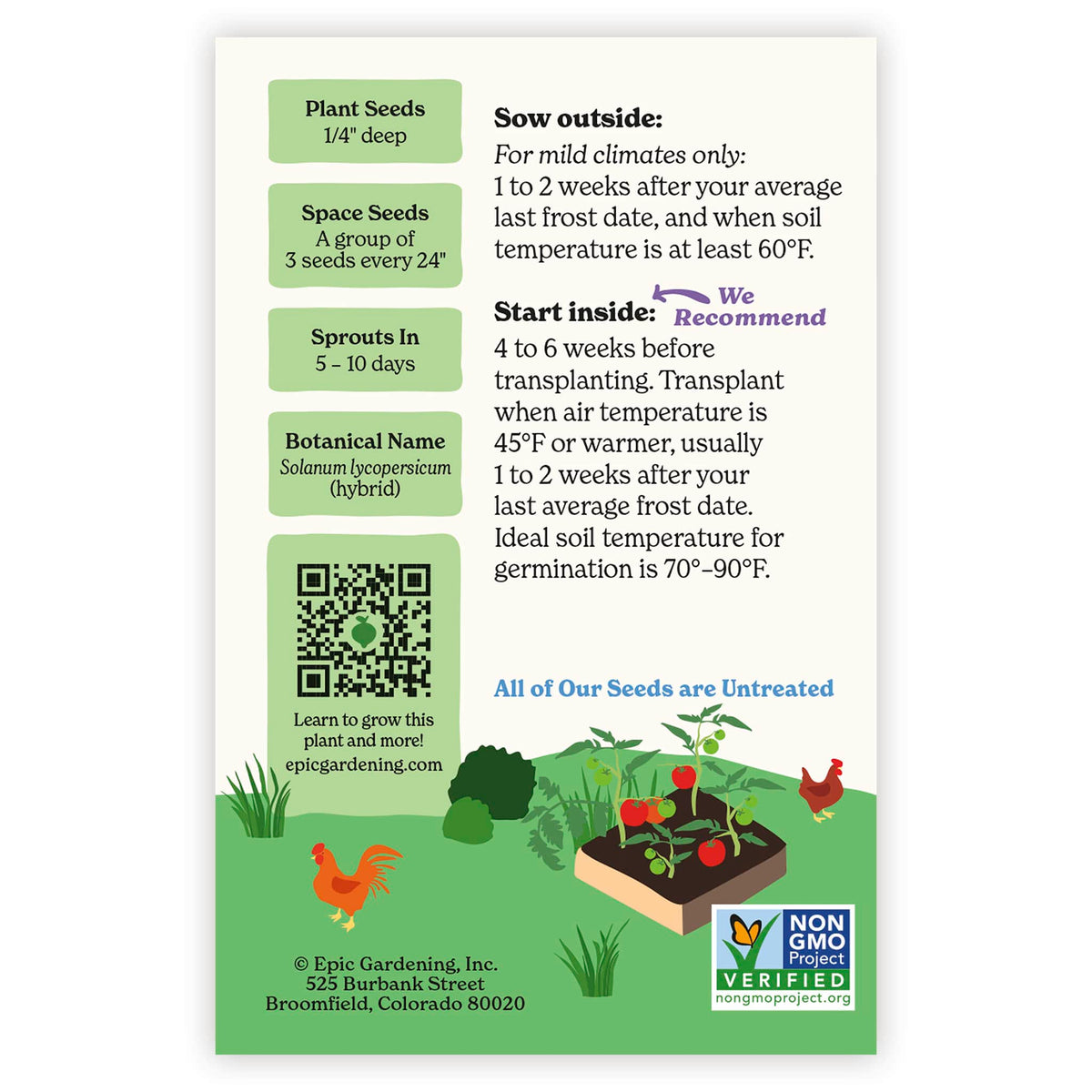 Back of an Epic Gardening Containers Choice Red Bush Tomato seed packet showing planting instructions, sowing guidelines, a QR code, and a garden bed illustration on a plain white background.