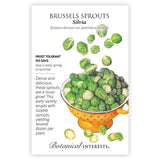 Seed packet for Brussels sprouts with illustrations and botanical information on a white background