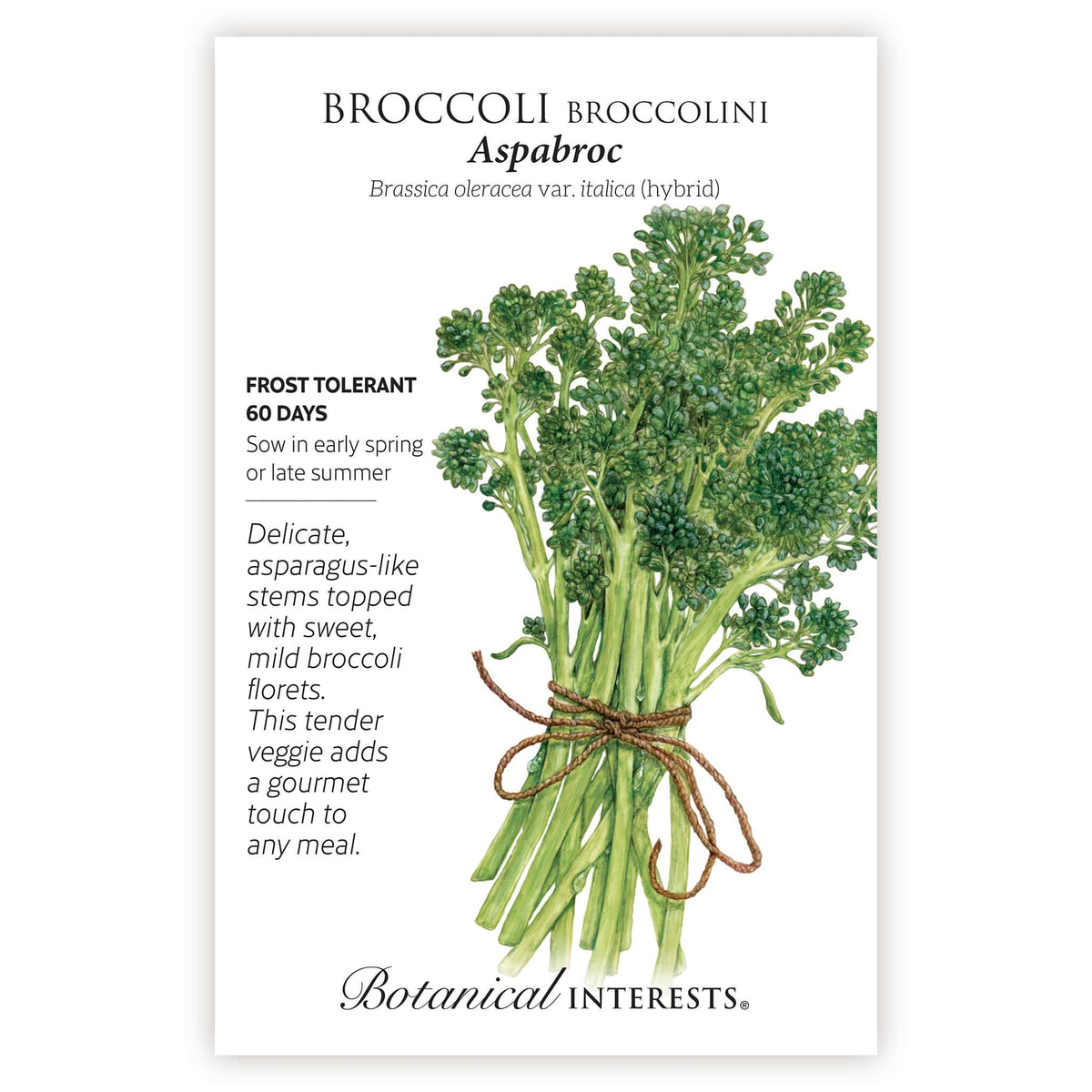 Aspabroc Broccolini seed packet with botanical information and the illustration of the broccolini