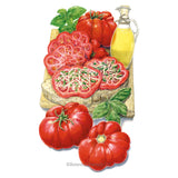 Illustration of Costoluto Genovese Pole Tomatoes on a cutting board with a bottle of olive oil and basil leaves.